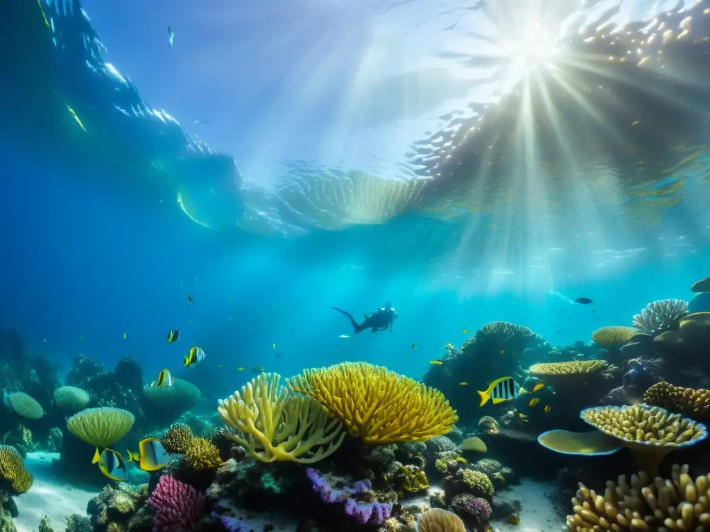 Imagen submarina de un arrecife de coral vibrante y lleno de vida, resaltando la belleza y fragilidad de los ecosistemas marinos