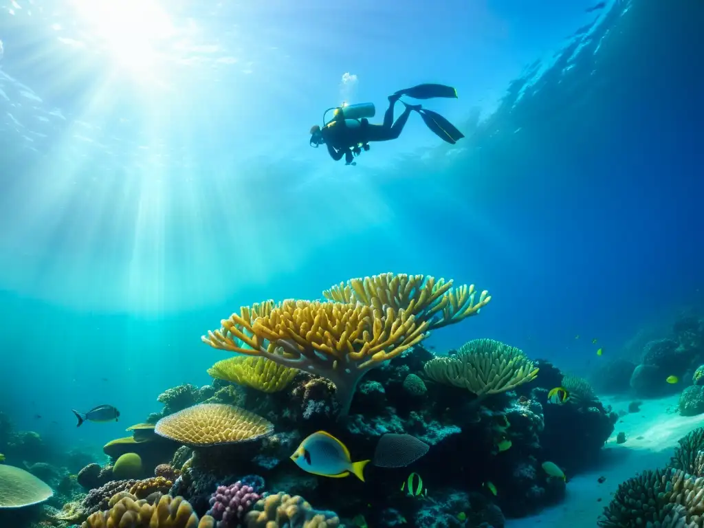 Imagen submarina de un arrecife de coral vibrante, habitado por peces coloridos y tortugas marinas