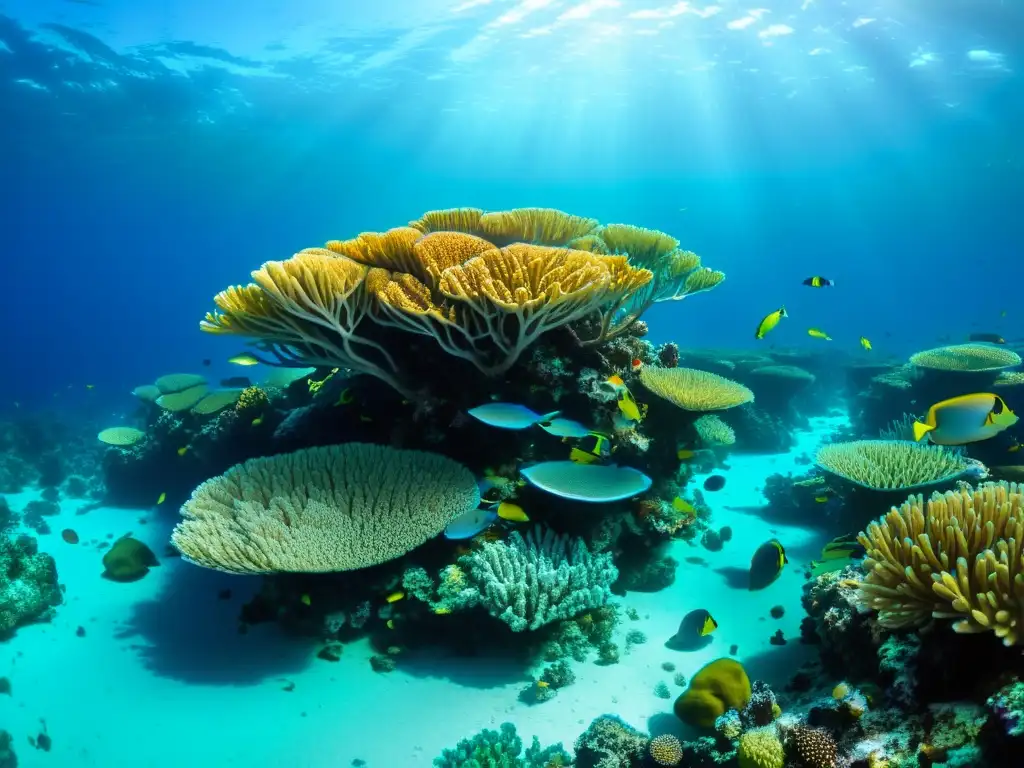 Imagen submarina de un arrecife de coral rebosante de vida marina colorida, evocando la belleza atemporal del mar