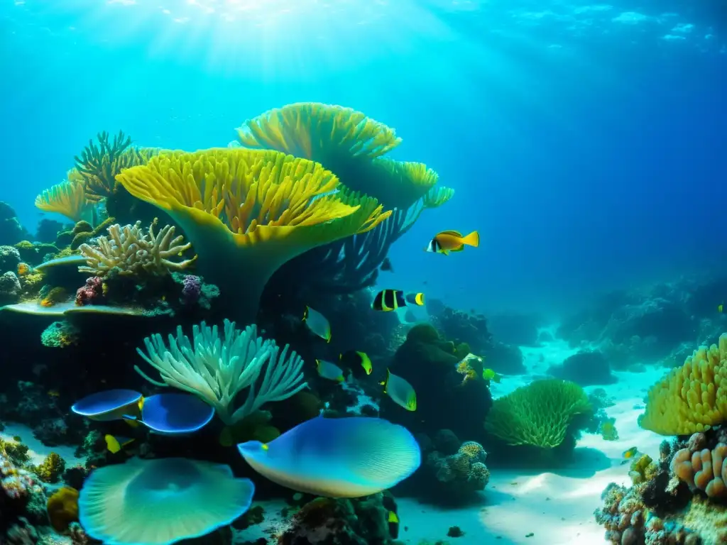 Imagen submarina de un arrecife de coral vibrante, con peces coloridos, anémonas de mar y plantas marinas ondeantes