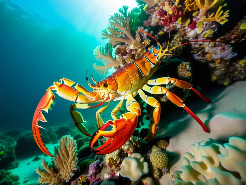 Imagen submarina de un arrecife de coral vibrante con langosta espinosa y cangrejo