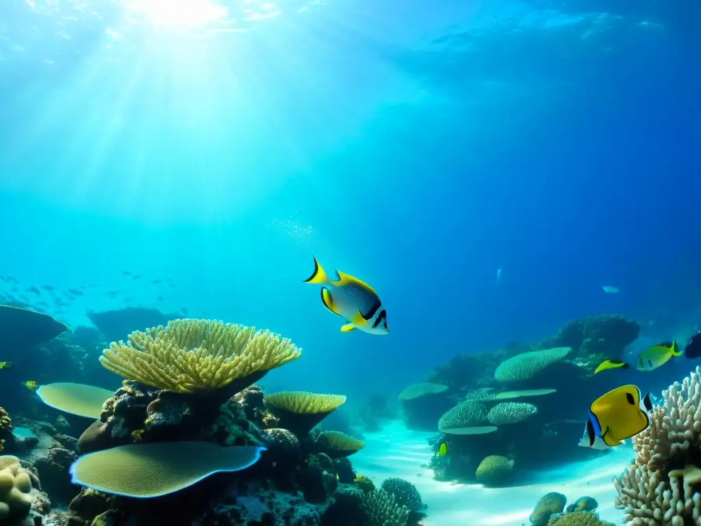 Imagen submarina de un arrecife de coral vibrante, con vida marina diversa y una conexión humana con el mar