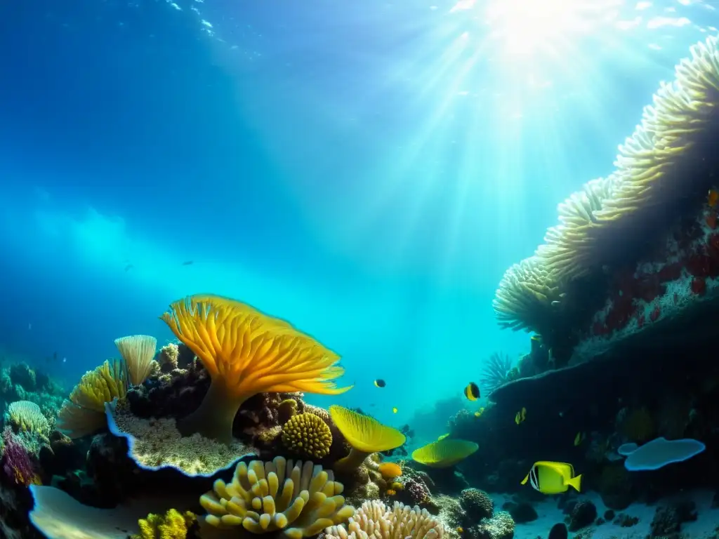 Imagen submarina de arrecife de coral vibrante con peces coloridos entre formaciones coralinas