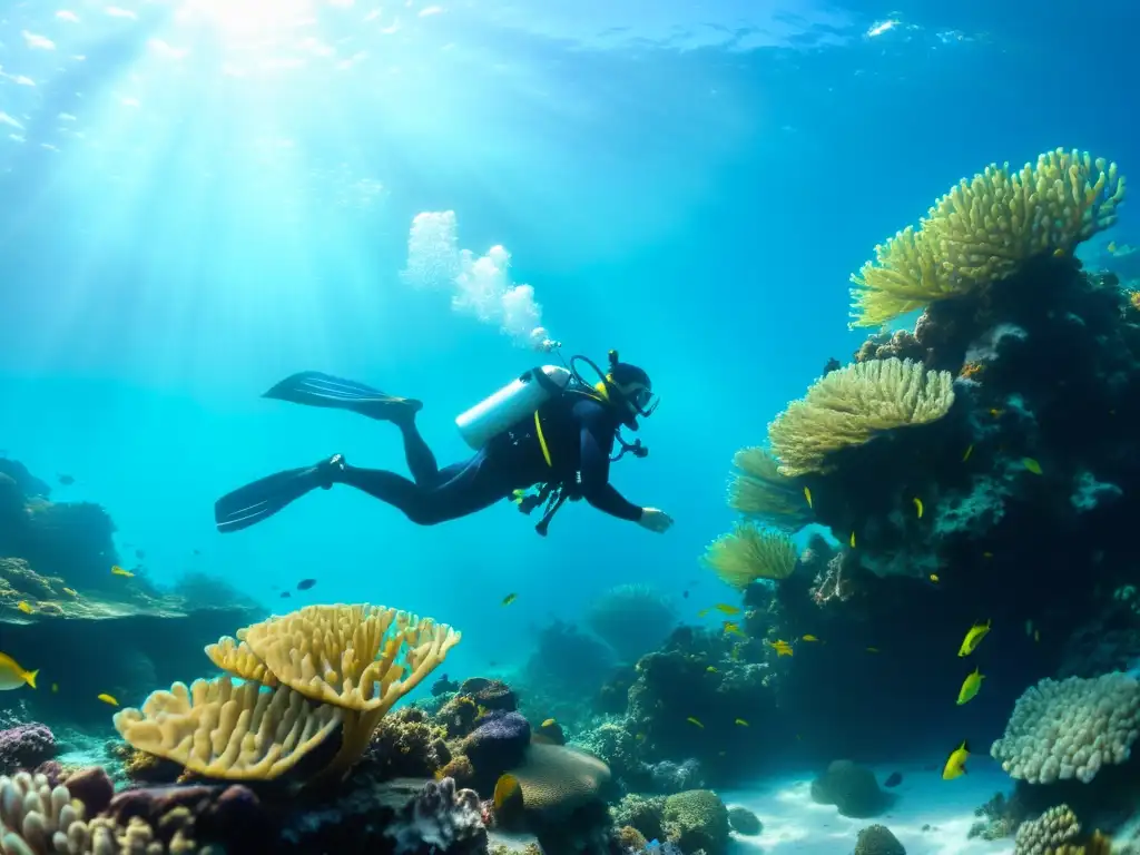 Imagen submarina de un arrecife de coral vibrante con vida marina, buzo con filtros de aire para buceo y peces coloridos en aguas turquesas