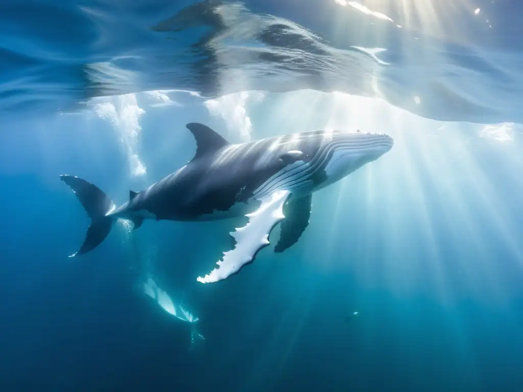 Imagen submarina de ballenas jorobadas en su hábitat natural, demostrando comportamiento de cetáceos en hábitat