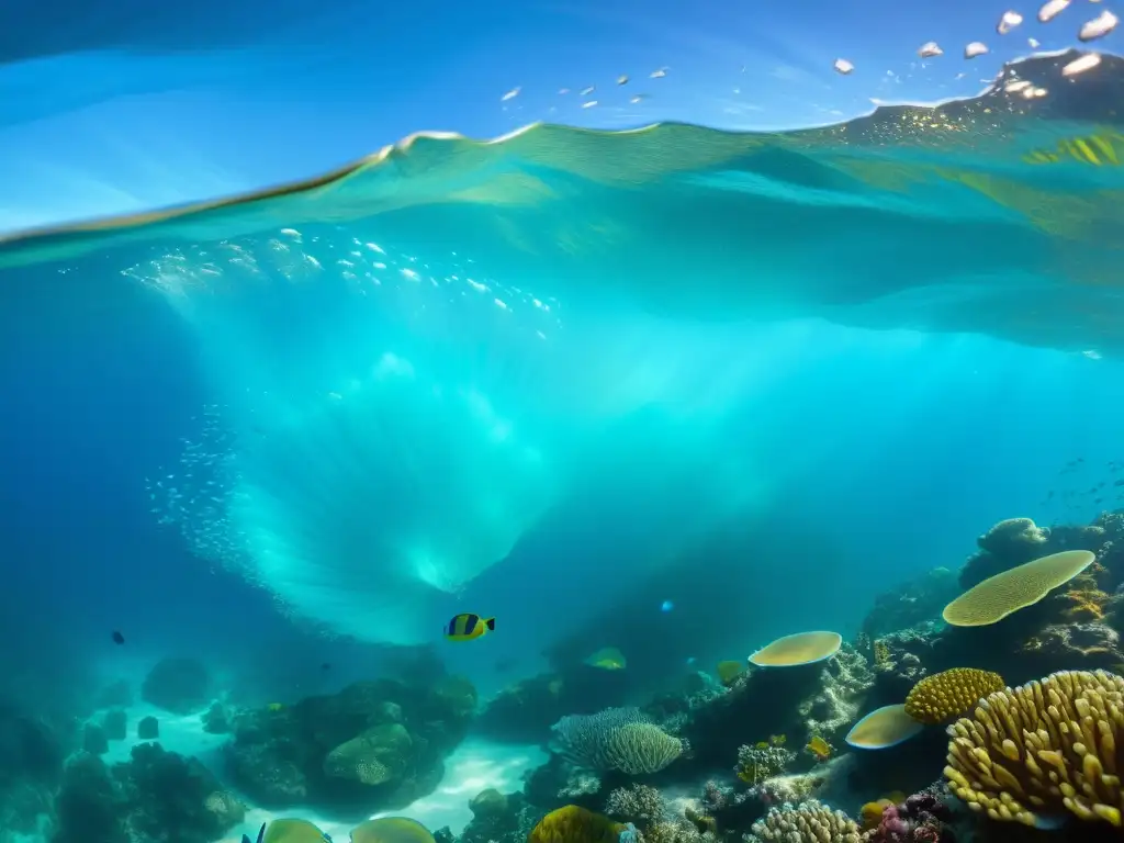 Una imagen submarina de corrientes marinas y el vibrante arrecife de coral, evocando asombro y maravilla en su danza dinámica