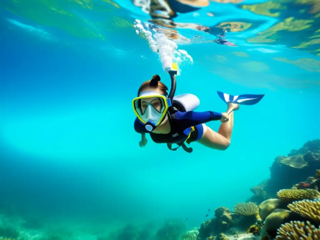 Una imagen submarina cristalina muestra una de las mejores mascarillas de snorkel facial en acción, con un nadador grácil y peces tropicales