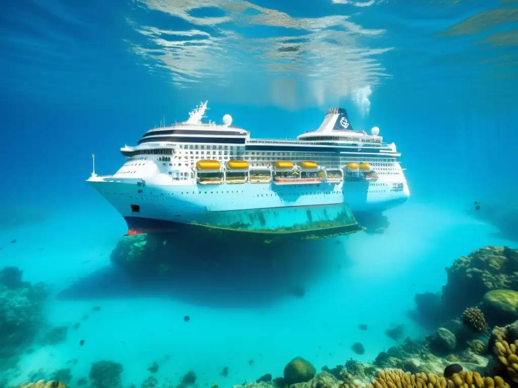 Imagen submarina de un crucero con acumulación de sedimentos y crecimiento marino, mostrando la contaminación por cruceros en puertos marinos