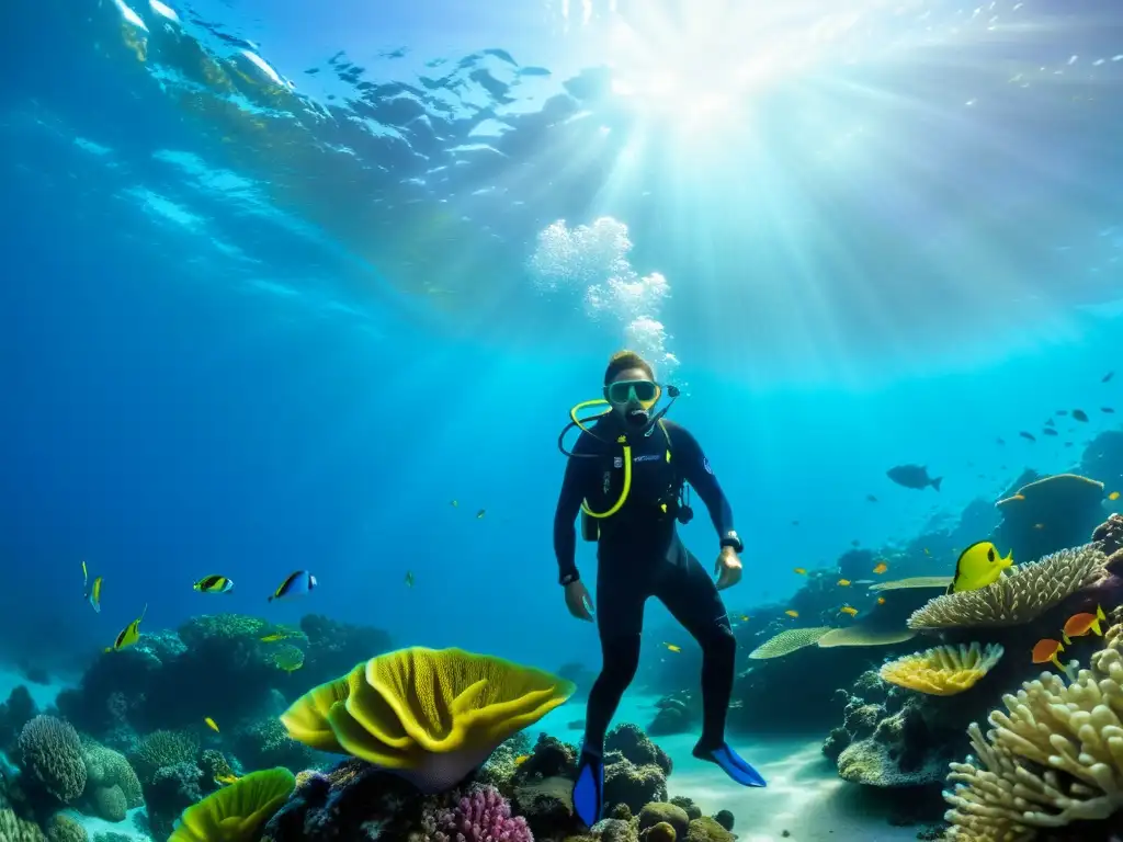 Imagen submarina deslumbrante de un arrecife de coral vibrante y lleno de vida marina, destacando la belleza y diversidad del mundo submarino