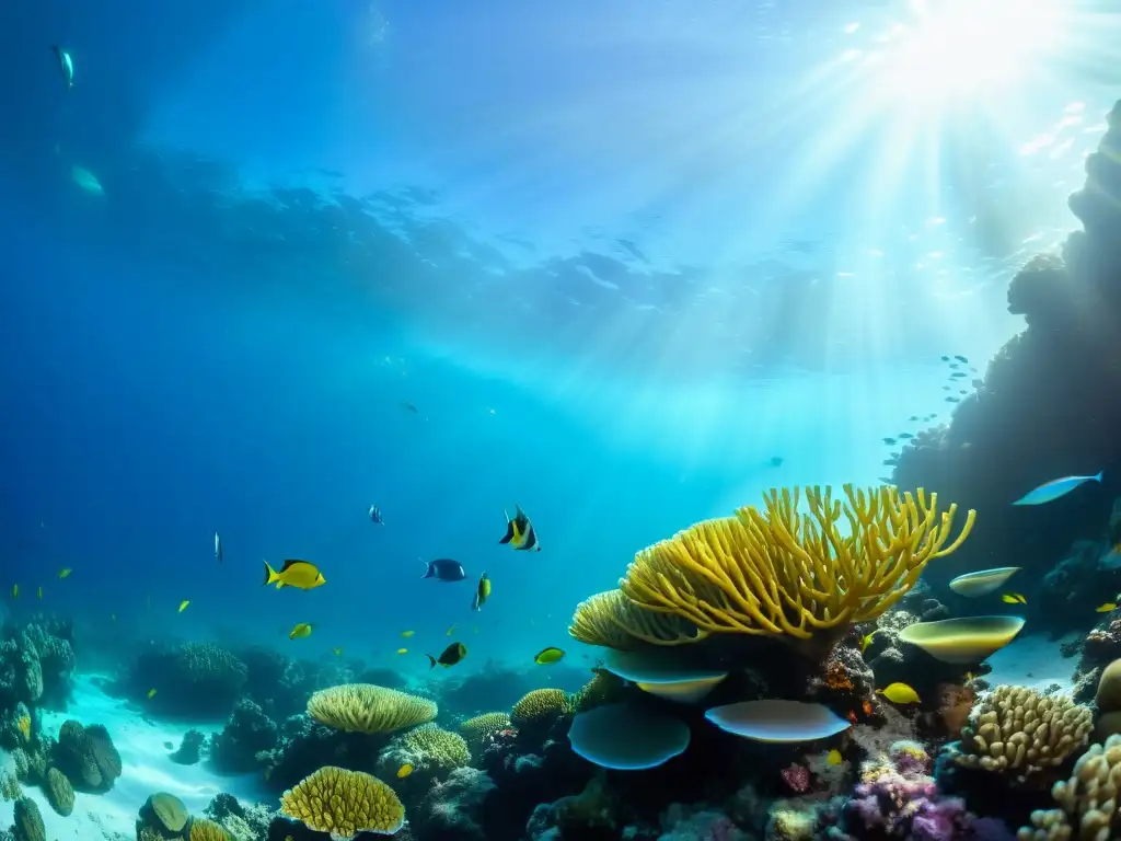 Imagen submarina deslumbrante con un arrecife de coral vibrante, peces coloridos y plantas marinas