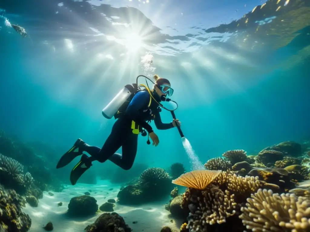 Una imagen submarina deslumbrante muestra a un biólogo marino recolectando muestras de agua con tecnología avanzada, rodeado de vida marina vibrante