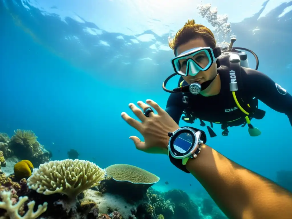 Imagen submarina detallada con coral vibrante y vida marina alrededor de un buceador con el Ordenador de buceo de muñeca Oceanic Geo 4