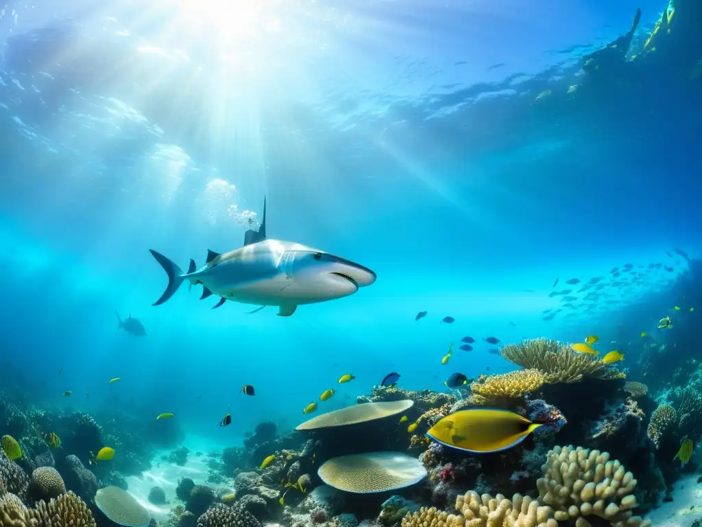 Una imagen submarina detallada muestra un vibrante arrecife de coral repleto de peces y vida marina