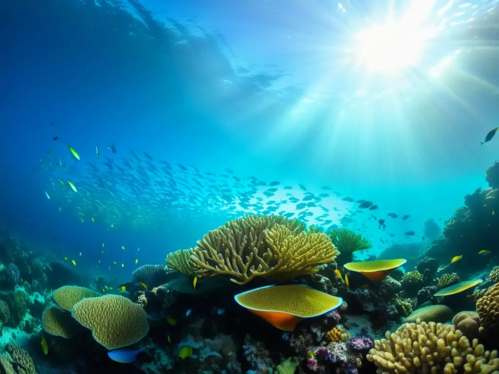 Imagen submarina detallada de un vibrante arrecife de coral, con peces coloridos y patrones de luz solar