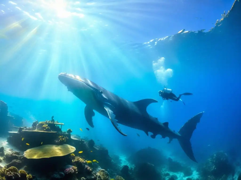 Una imagen submarina fascinante muestra un barco hundido, corales coloridos y un majestuoso silueta de ballena jorobada