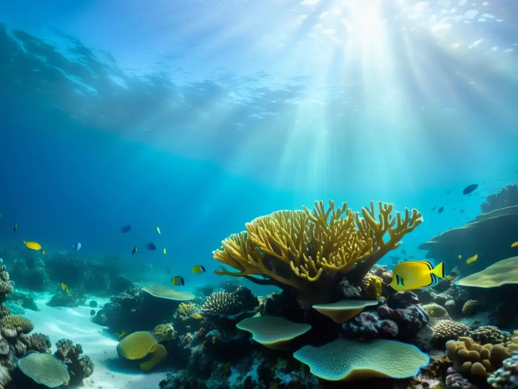 Una imagen submarina impactante de la belleza y diversidad de un arrecife de coral, con un banco de peces coloridos entre formaciones coralinas