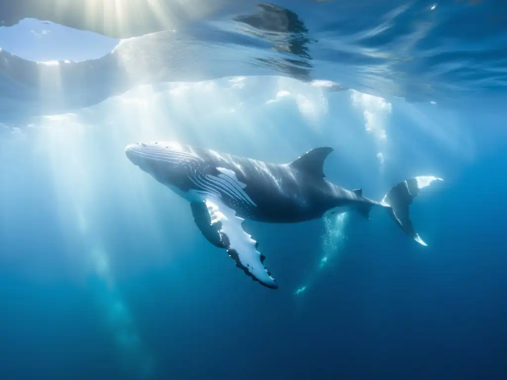 Imagen submarina impresionante de ballenas jorobadas comunicándose, creando un ambiente de tranquilidad y conexión marina