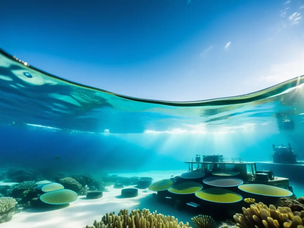 Una imagen submarina impresionante de un ecosistema vibrante alrededor de una planta de desalinización oceánica, mostrando la coexistencia armoniosa de la tecnología avanzada y la naturaleza