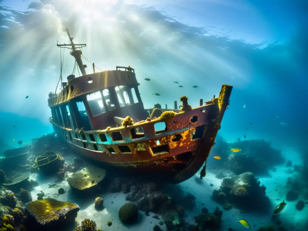 Imagen submarina de un impresionante naufragio bañado por la luz dorada del sol, rodeado de coral y peces coloridos