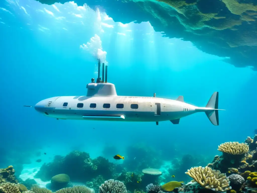 Una imagen submarina impresionante muestra un submarino futurista rodeado de vida marina