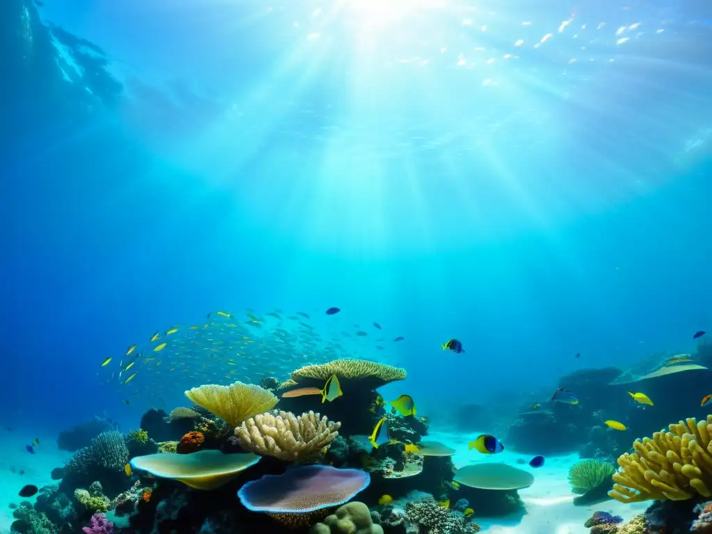 Una imagen submarina impresionante con una vibrante barrera de coral y vida marina