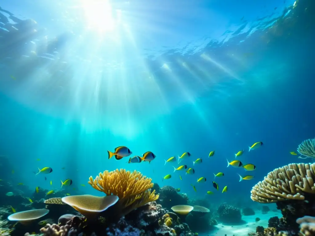 Imagen submarina impresionante de un vibrante arrecife de coral, vida acuática y luz solar, transmitiendo tranquilidad y belleza natural