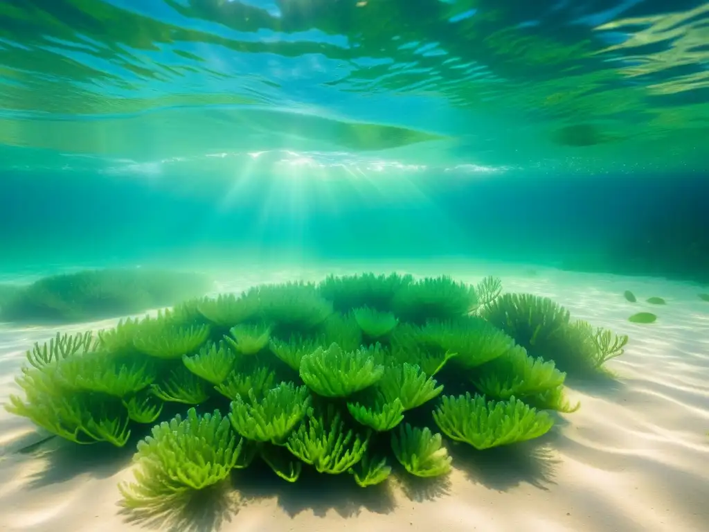 Imagen submarina de un lecho marino sereno con algas azulverdosas vibrantes, creando una escena etérea y tranquila