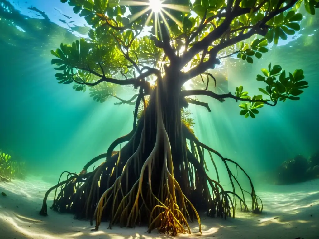 Imagen submarina de un manglar oceánico, con vida marina vibrante y luz solar filtrada