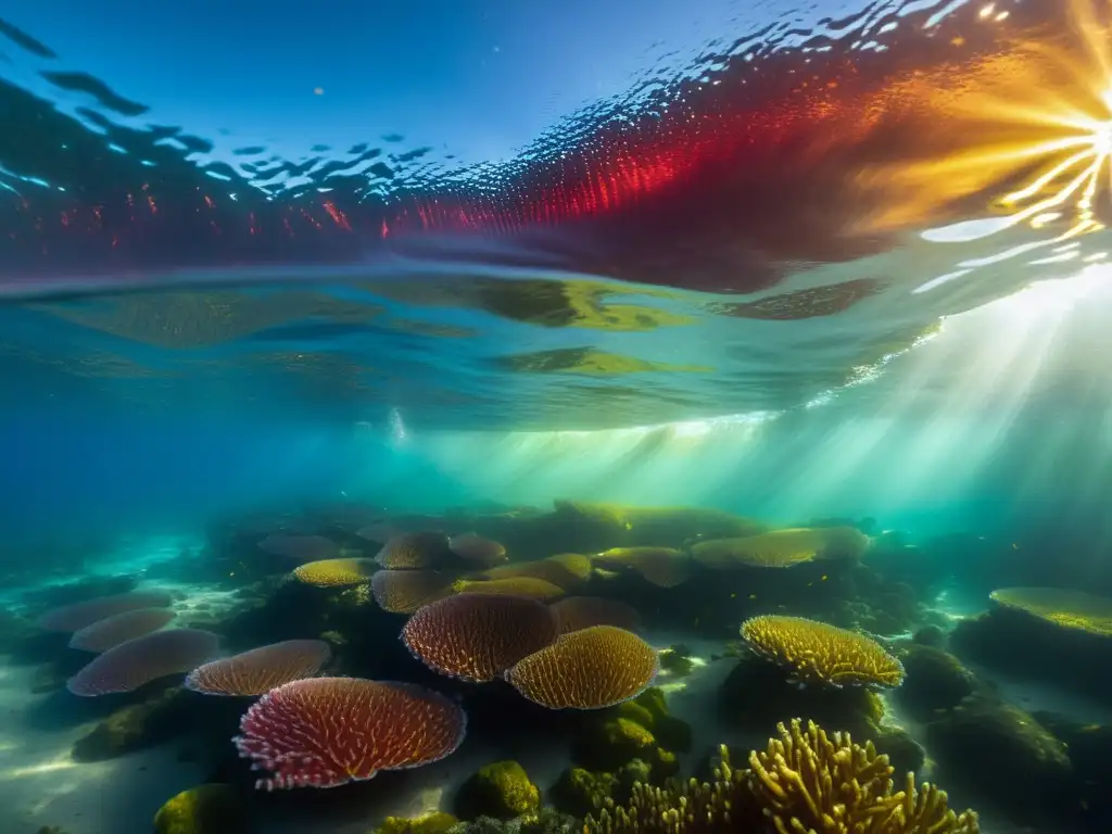 Imagen submarina de una marea roja oceánica, mostrando la belleza vibrante y etérea de la vida marina en equilibrio