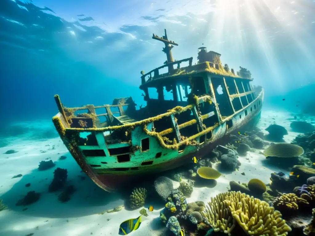 Imagen submarina de un naufragio rodeado de coral y peces tropicales, iluminado por la luz del sol