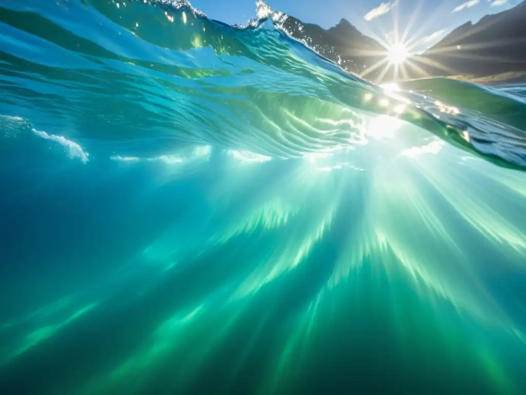 Imagen submarina dinámica de olas, capturando la luz y sombra en el fondo del mar, técnicas para filmar olas desde abajo