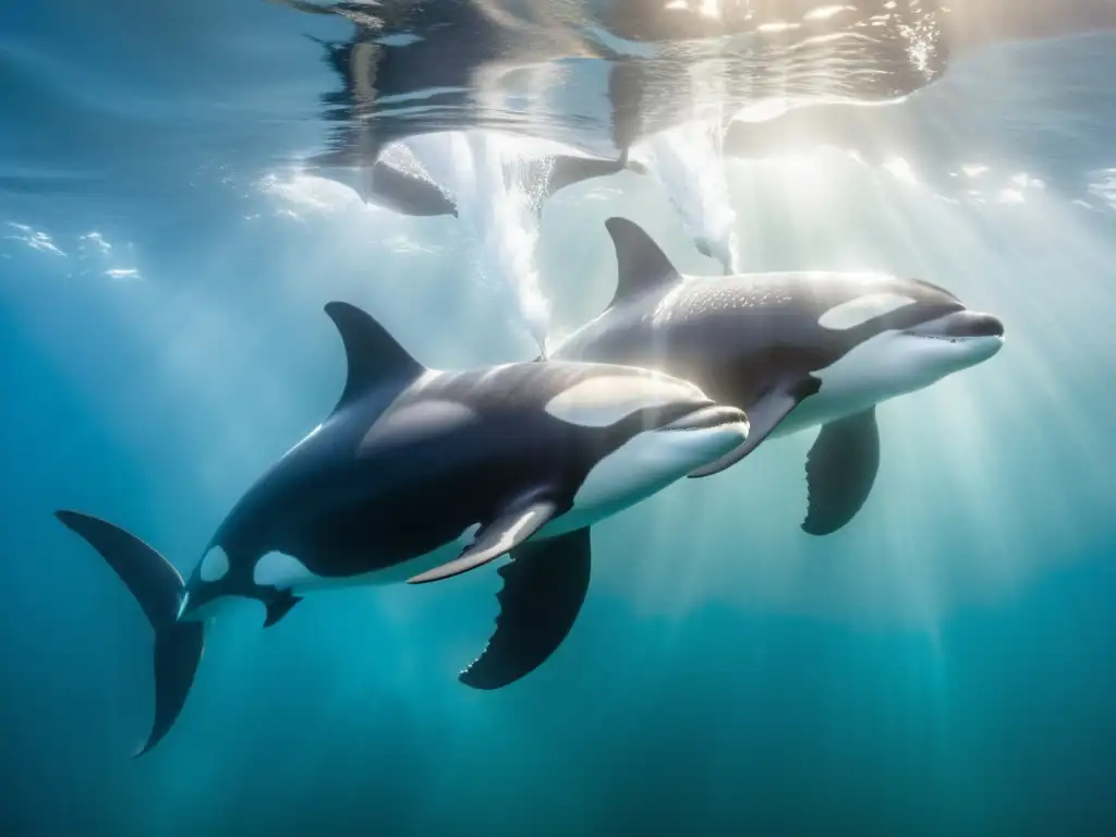 Imagen submarina de orcas en un ritual de apareamiento, con detalles claros y peces vibrantes