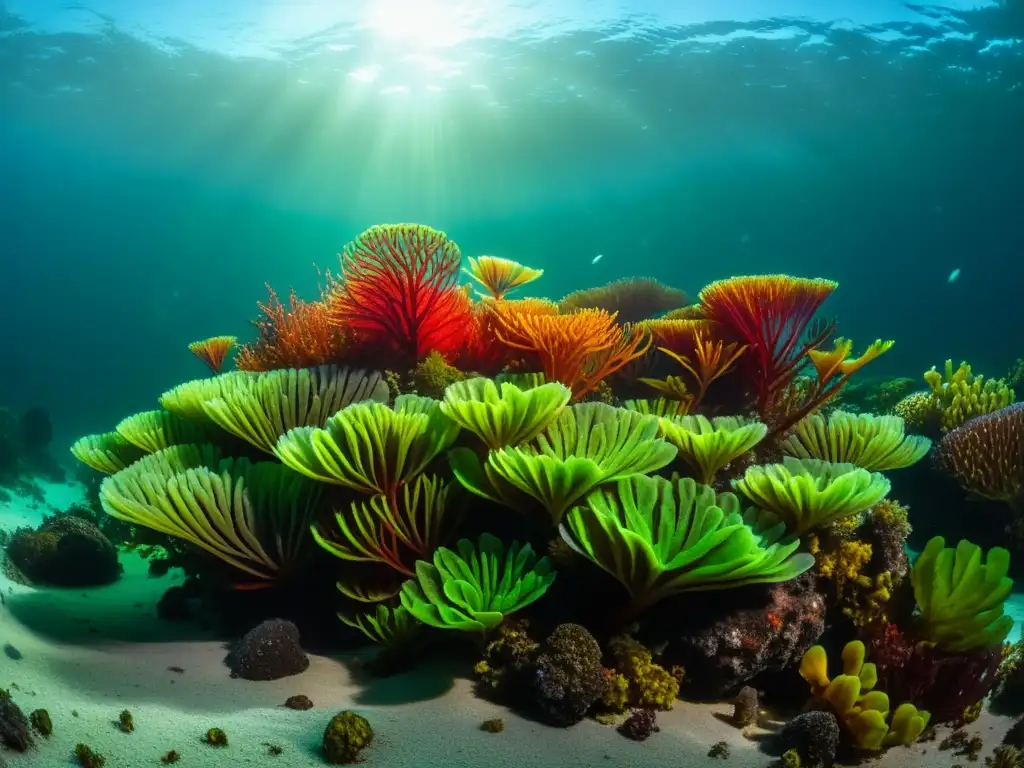 Imagen submarina de plantas marinas diversas, vibrantes y bioluminiscentes, demostrando estrategias de supervivencia en el oscuro fondo marino