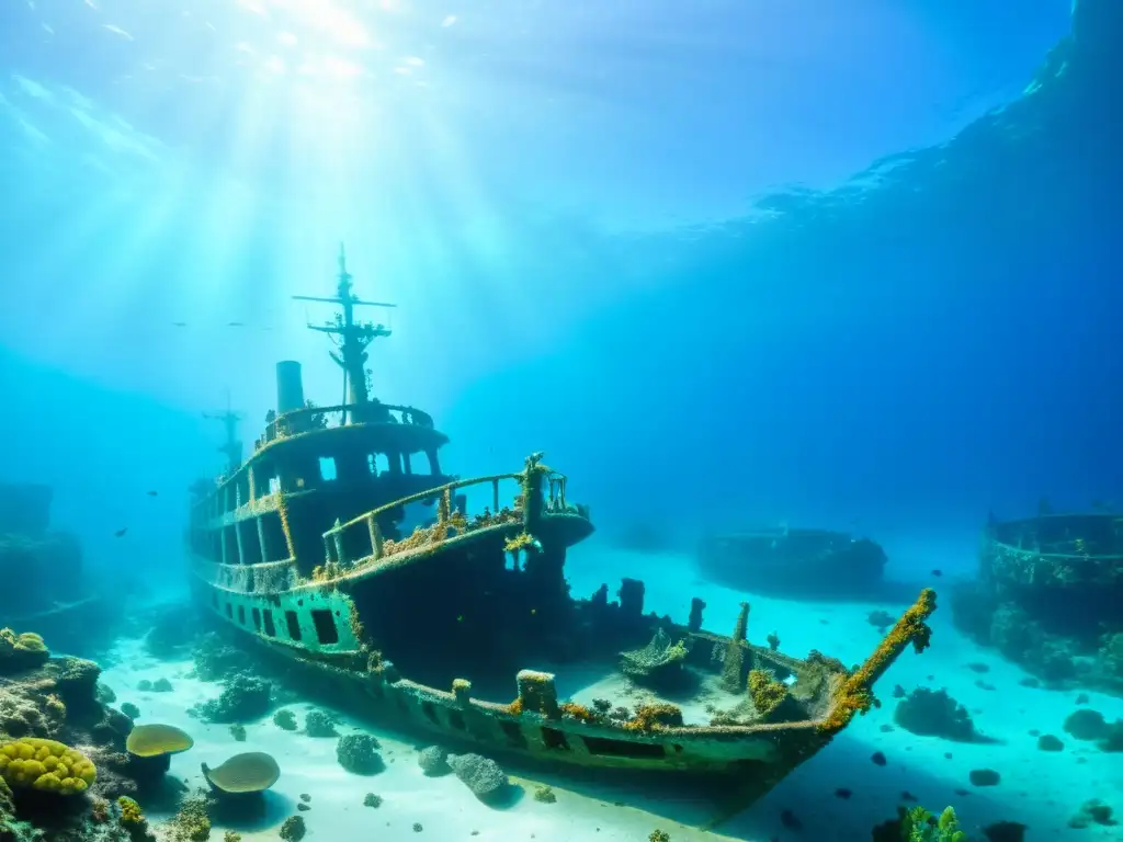 Una imagen submarina muestra los restos hundidos de un naufragio histórico, rodeado de arrecifes de coral vibrantes y diversas criaturas marinas