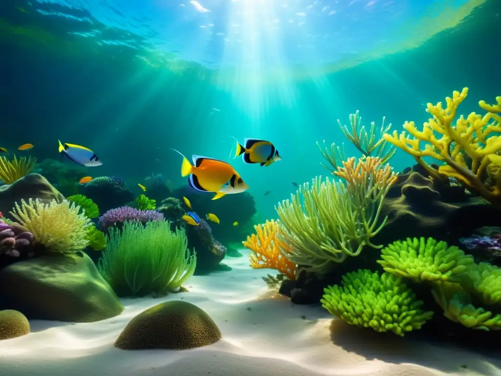 Imagen submarina serena en acuario con peces coloridos, corales vibrantes y plantas acuáticas