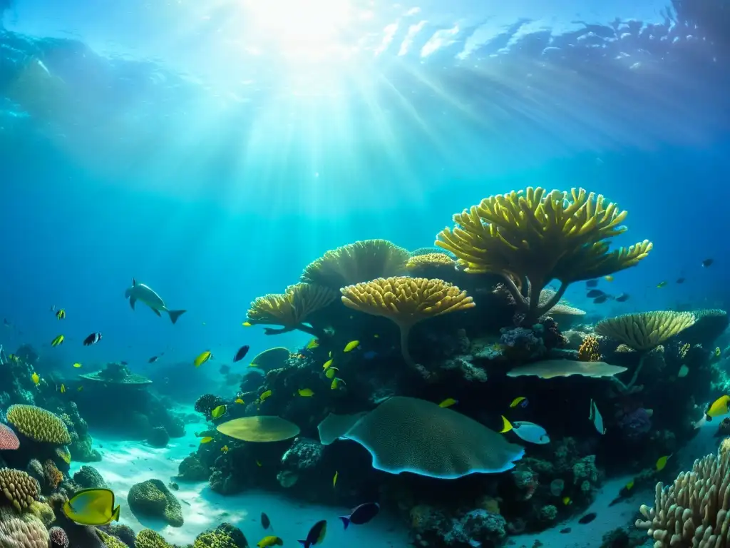 Imagen submarina vibrante con un arrecife de coral rehabilitado repleto de vida marina y colores brillantes