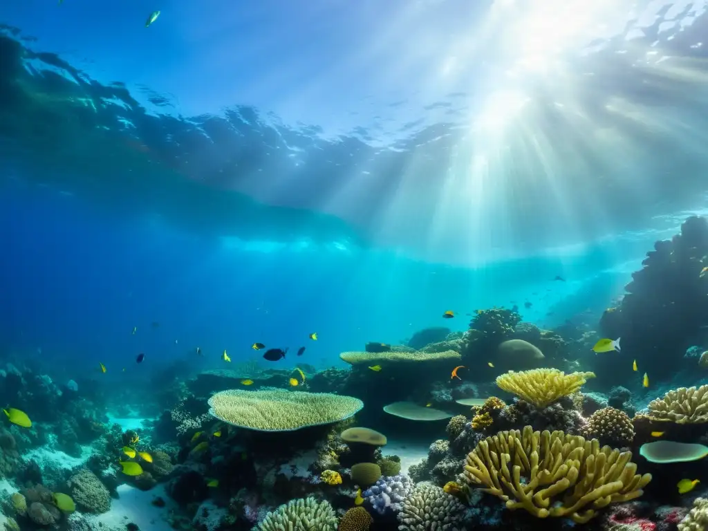 Imagen submarina de un vibrante arrecife de coral, impacto de La Niña en el clima, muestra la belleza y vitalidad del ecosistema marino en el Pacífico