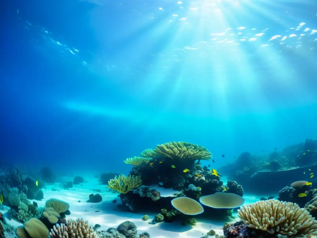 Imagen submarina de un vibrante arrecife de coral con una gama de tonos azules, reflejando la dispersión de luz en el agua clara del océano