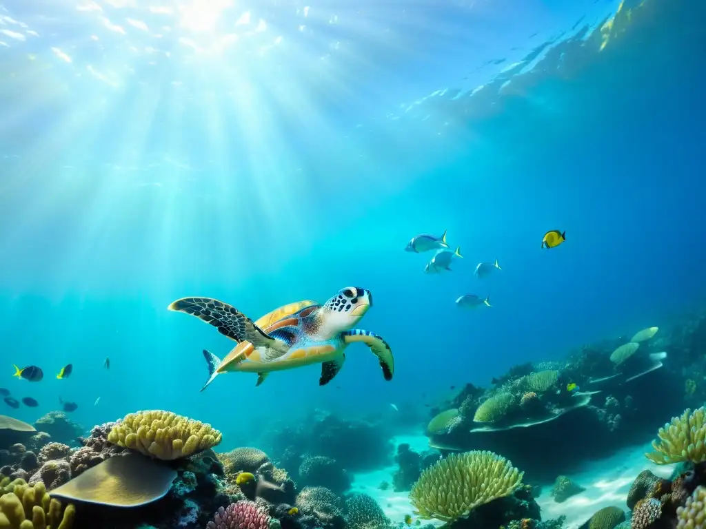 Imagen submarina de un vibrante arrecife de coral, con peces coloridos y plantas marinas