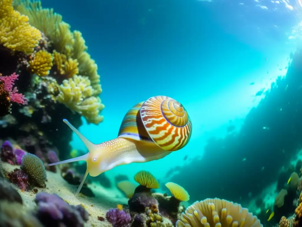 Imagen submarina de un vibrante arrecife de coral con un caracol deslizándose elegante