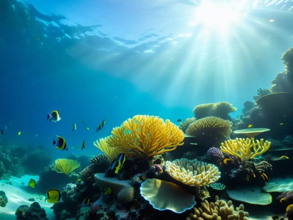 Imagen submarina de un vibrante arrecife de coral, repleto de vida marina colorida y plantas marinas ondulantes, iluminado por el sol