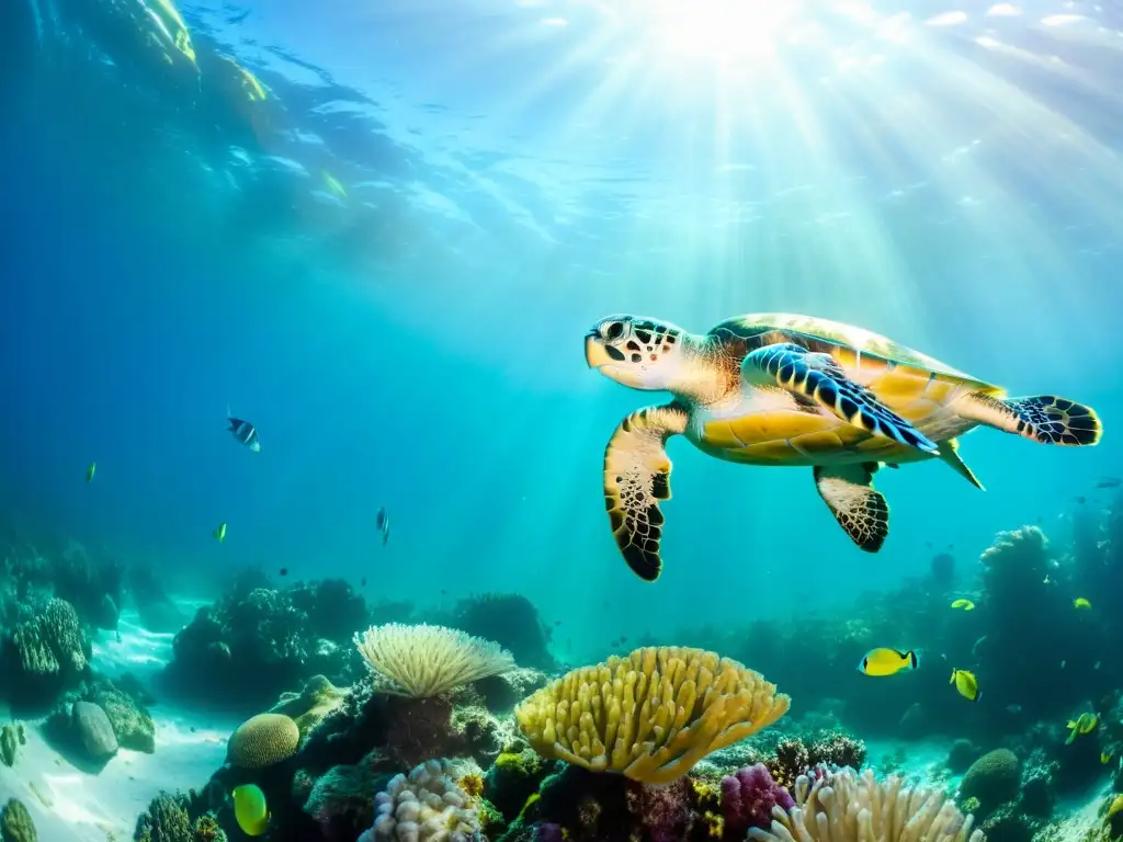 Imagen submarina vibrante con arrecife de coral, peces coloridos, anémonas y algas