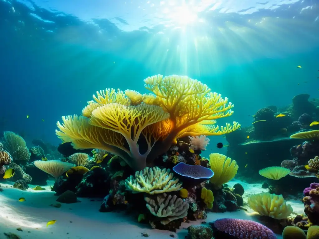 Imagen submarina de un vibrante arrecife de coral, microorganismos y la impactante belleza del ecosistema marino