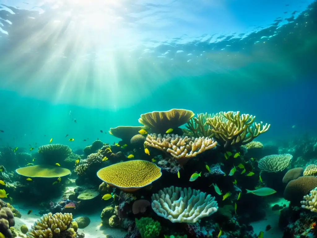 Una imagen submarina vibrante muestra el arrecife de coral en simbiosis con algas, repleto de vida y coloridos peces tropicales