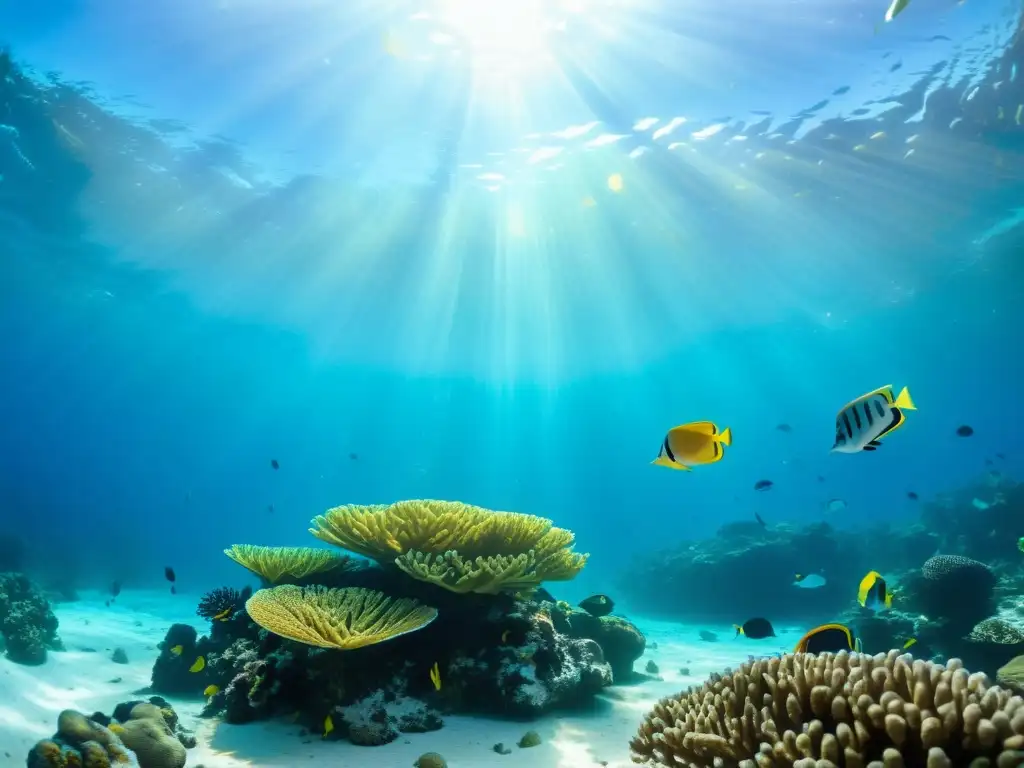 Arrecife de coral vibrante: vida marina en su esplendor Imagen submarina de un vibrante arrecife de coral lleno de vida marina diversa y colorida, iluminado por la luz solar