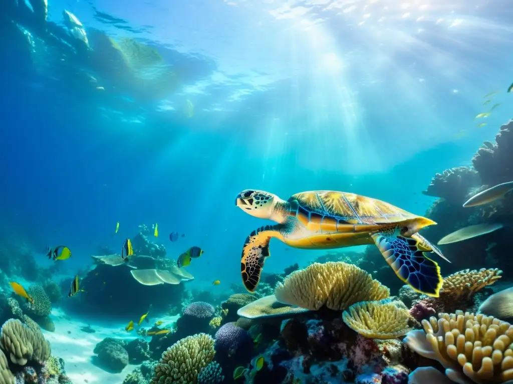 Imagen submarina de un vibrante arrecife de coral, con abundante vida marina y una sensación de tranquilidad