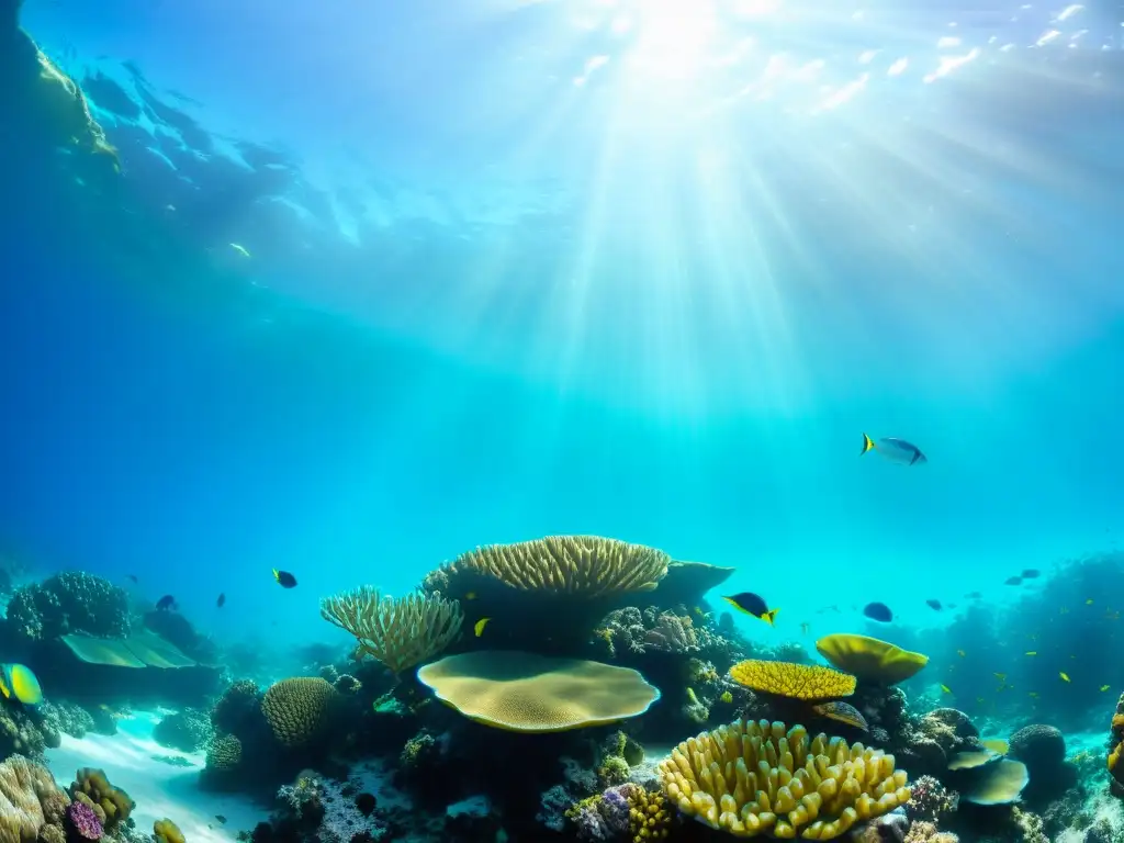 Una imagen submarina muestra un vibrante ecosistema de arrecife de coral, con peces de colores nadando entre formaciones de coral