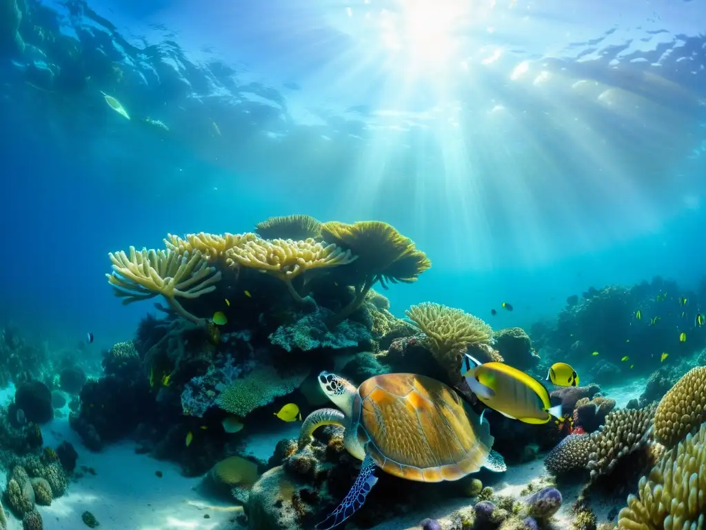 Imagen submarina de un vibrante ecosistema marino con corales, peces y tortugas