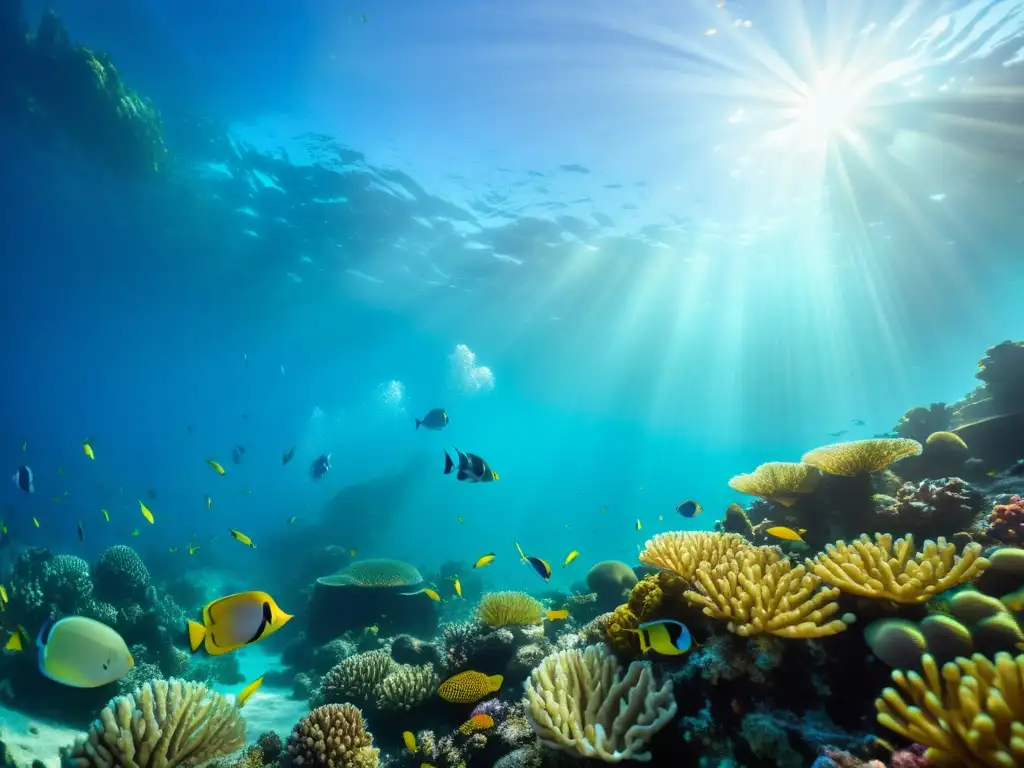 Imagen submarina de un vibrante ecosistema de arrecifes de coral, con peces coloridos entre las plantas marinas