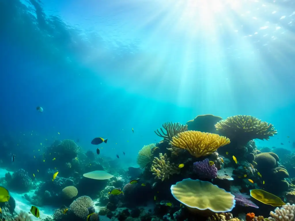 Imagen submarina vibrante que destaca la importancia de la salud oceánica, con un arrecife de coral rebosante de vida marina colorida y detallada